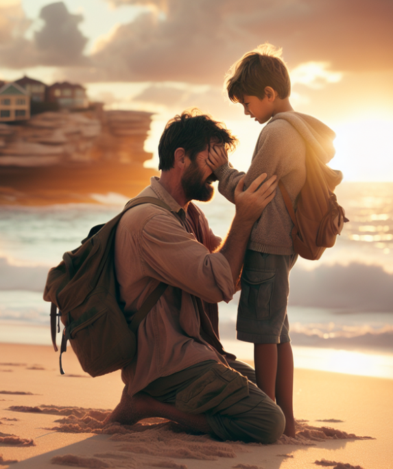 alt_text: Ayah dan anak terlibat drama emosional di pantai Bondi, menyorot kisah internasional yang menyentuh.