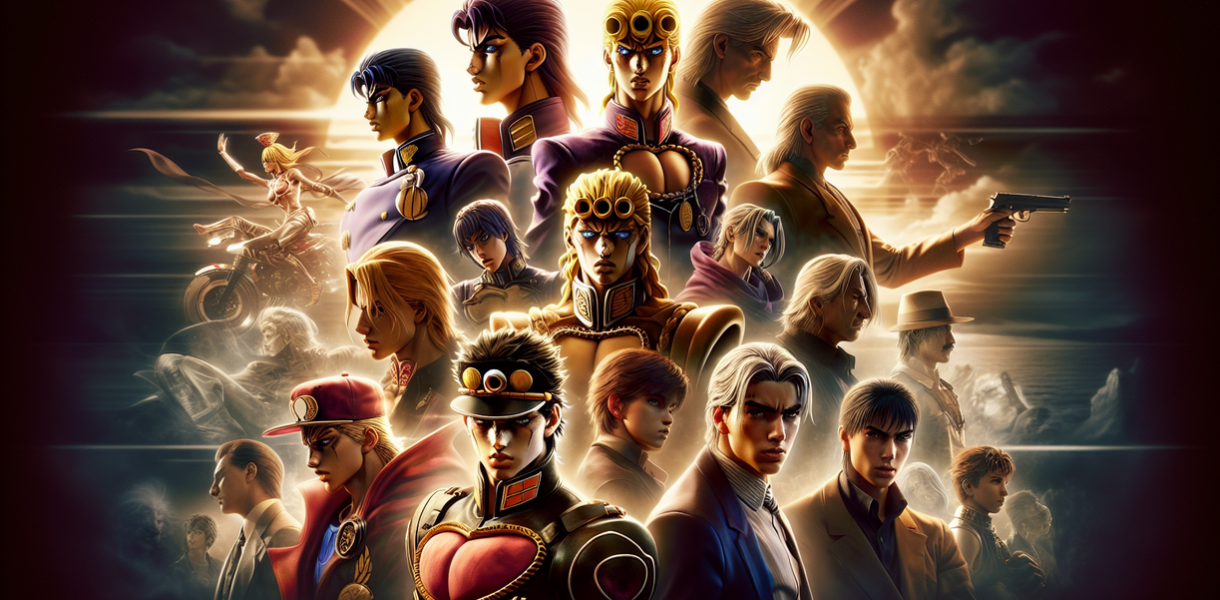 alt_text: Karakter Joestar dari Jonathan hingga Giorno dalam seri JoJo’s Bizarre Adventure.