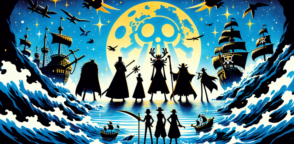 alt_text: Poster One Piece menampilkan para Shichibukai dengan tema gelap dan terang.