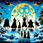 alt_text: Poster One Piece menampilkan para Shichibukai dengan tema gelap dan terang.