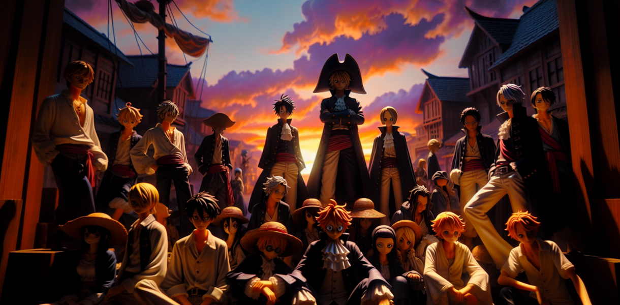 alt_text: Para karakter One Piece berdiri di bawah langit senja, mengingatkan era anime lama.