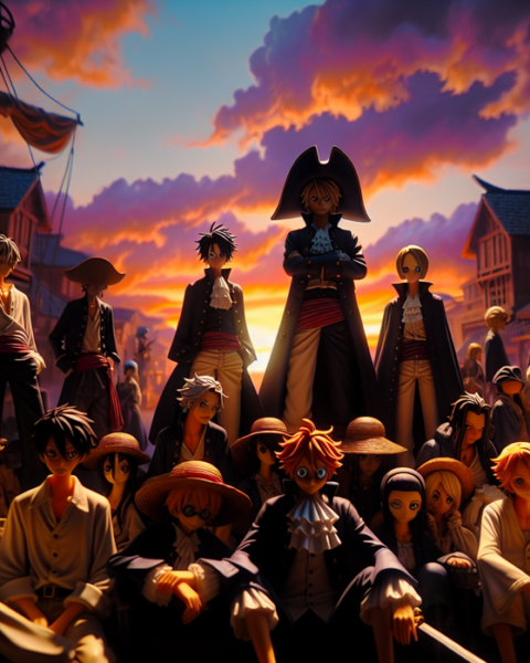 alt_text: Para karakter One Piece berdiri di bawah langit senja, mengingatkan era anime lama.