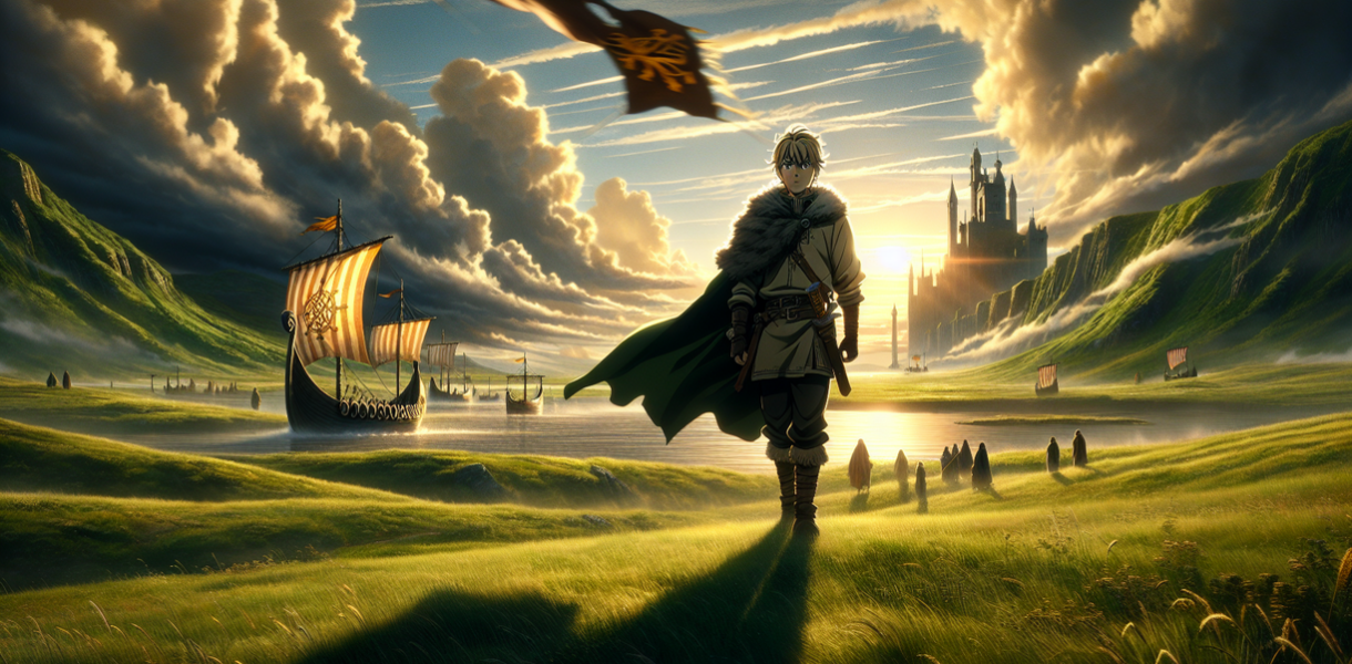 alt_text: Thorfinn berdiri di pantai, menatap cakrawala, memikirkan masa depan dan harapan baru.