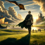 alt_text: Thorfinn berdiri di pantai, menatap cakrawala, memikirkan masa depan dan harapan baru.