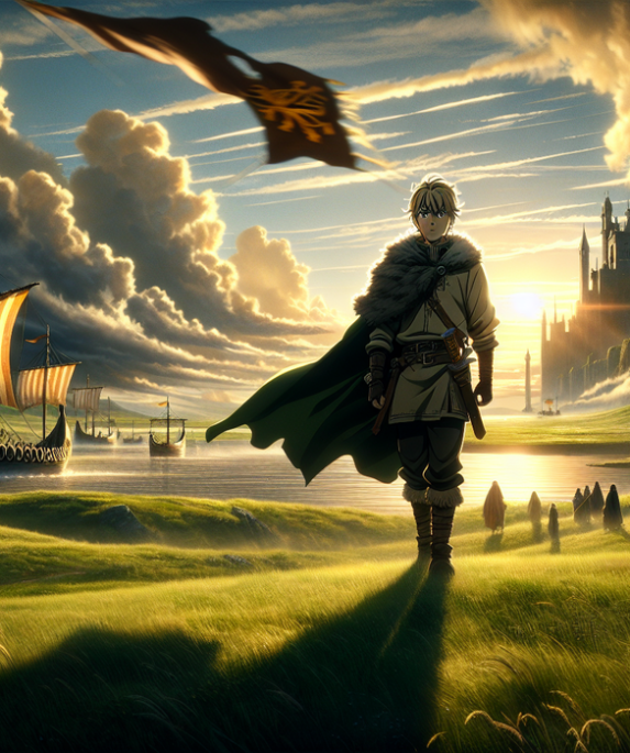 alt_text: Thorfinn berdiri di pantai, menatap cakrawala, memikirkan masa depan dan harapan baru.