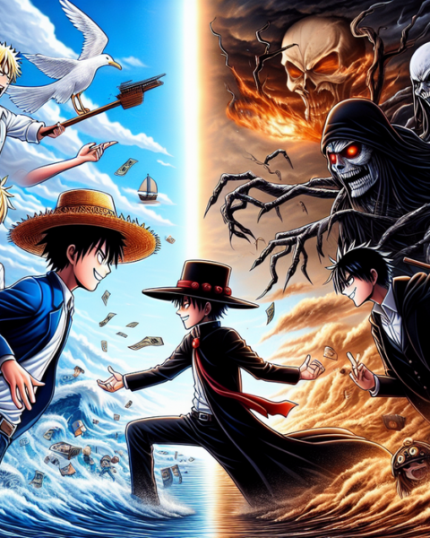 alt_text: Karakter One Piece bertarung dengan makhluk Jujutsu Kaisen di tengah kota.