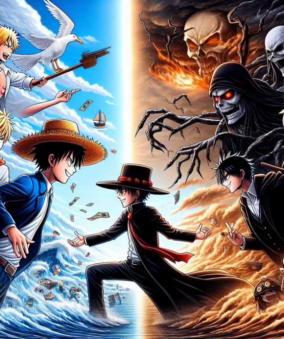 alt_text: Karakter One Piece bertarung dengan makhluk Jujutsu Kaisen di tengah kota.