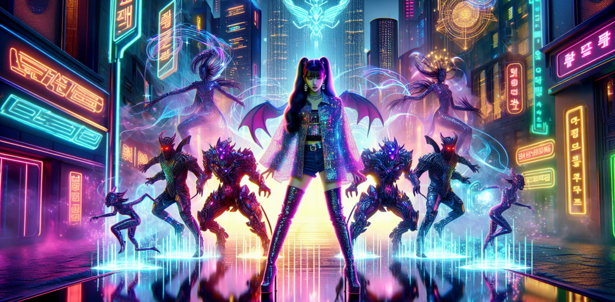 alt_text: "Grup KPop bertema pemburu setan, berwarna dan penuh aksi, memicu perbincangan hangat publik."