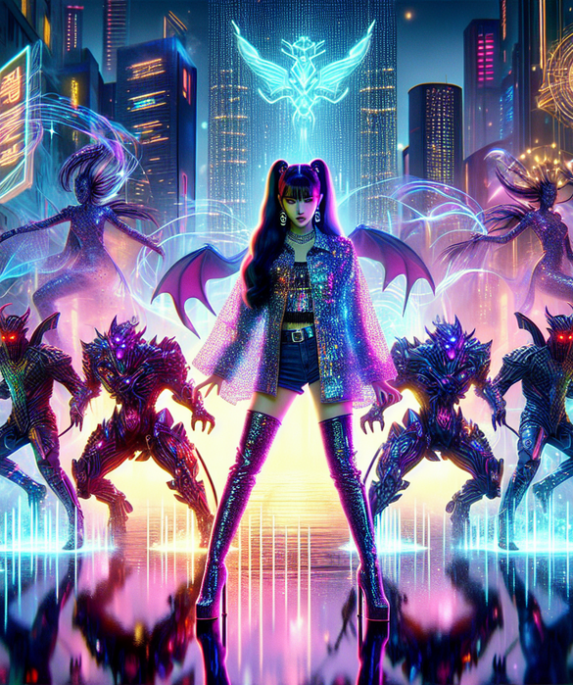 alt_text: "Grup KPop bertema pemburu setan, berwarna dan penuh aksi, memicu perbincangan hangat publik."