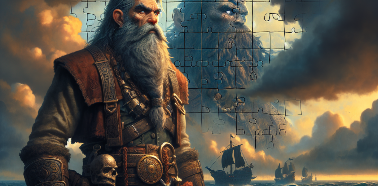 "alt_text": "Poster kilas balik gelap One Piece featuring karakter Harald & Era Rocks."