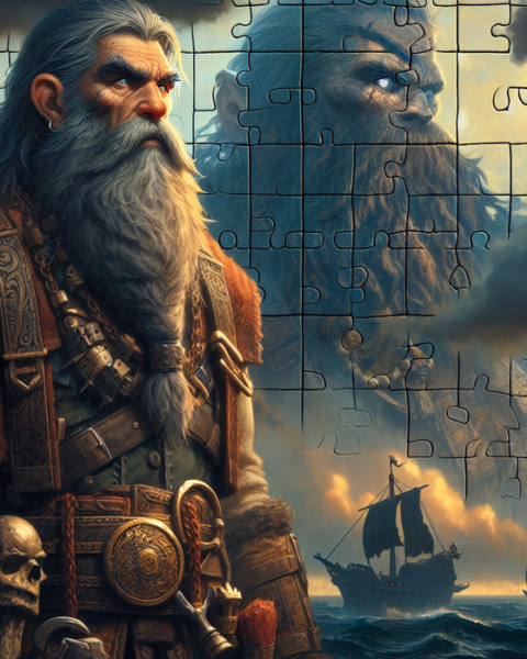 "alt_text": "Poster kilas balik gelap One Piece featuring karakter Harald & Era Rocks."