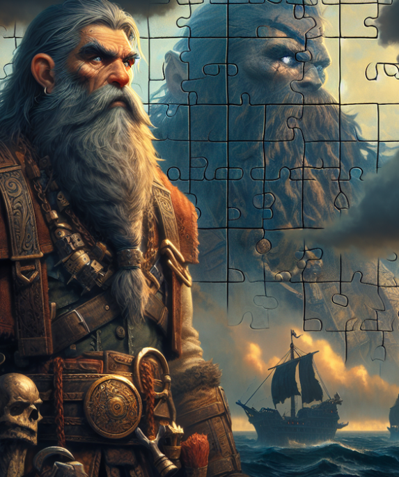 "alt_text": "Poster kilas balik gelap One Piece featuring karakter Harald & Era Rocks."