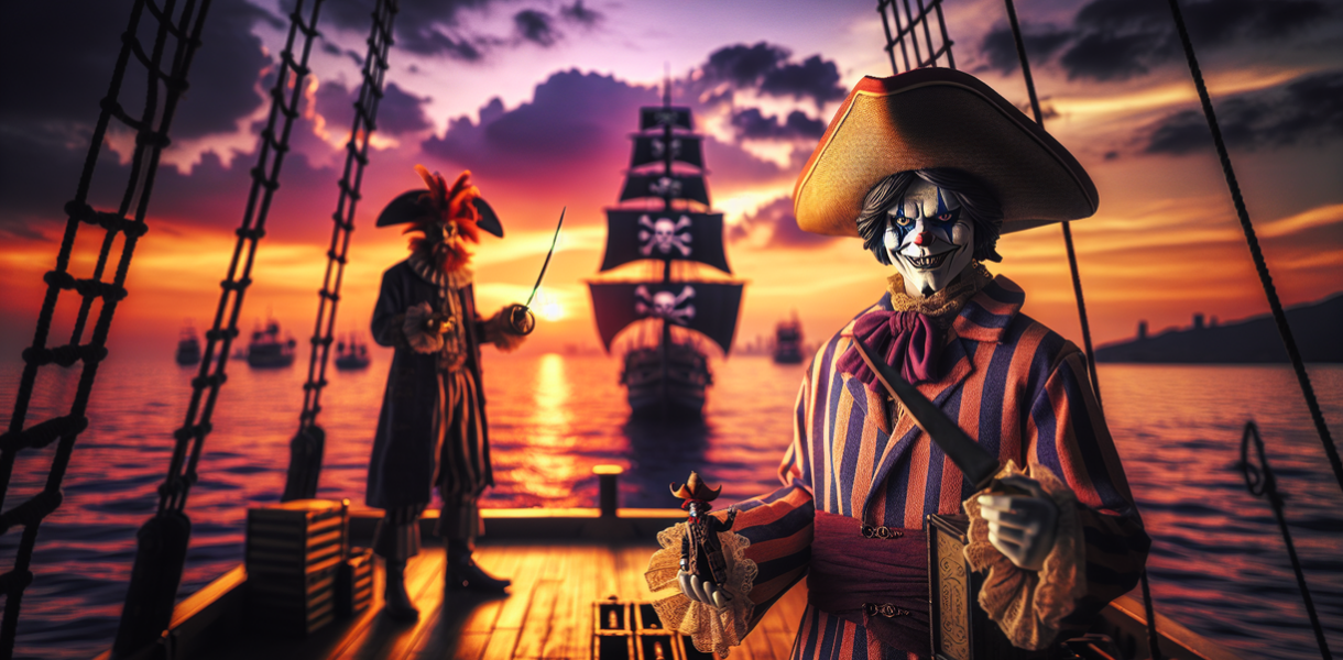 alt_text: Buggy dari One Piece Live Action musim 2 duduk di atas takhta dengan ekspresi angkuh.