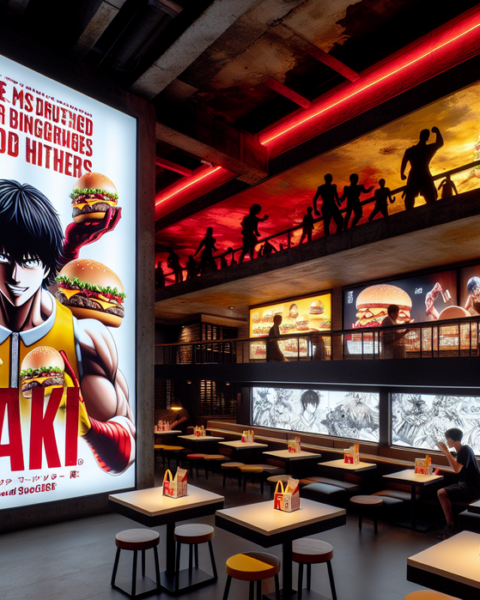 alt_text: Baki bertarung sengit di meja McDonald's, mencicipi berbagai menu dengan ekspresi serius.