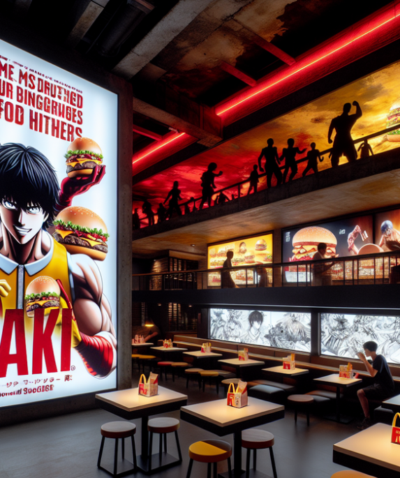 alt_text: Baki bertarung sengit di meja McDonald's, mencicipi berbagai menu dengan ekspresi serius.