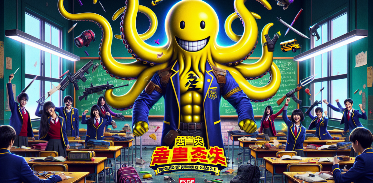 alt_text: Gurita kuning dengan senyum lebar mengajar siswa dalam suasana kelas yang menegangkan.