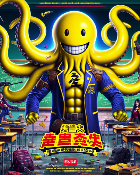 alt_text: Gurita kuning dengan senyum lebar mengajar siswa dalam suasana kelas yang menegangkan.