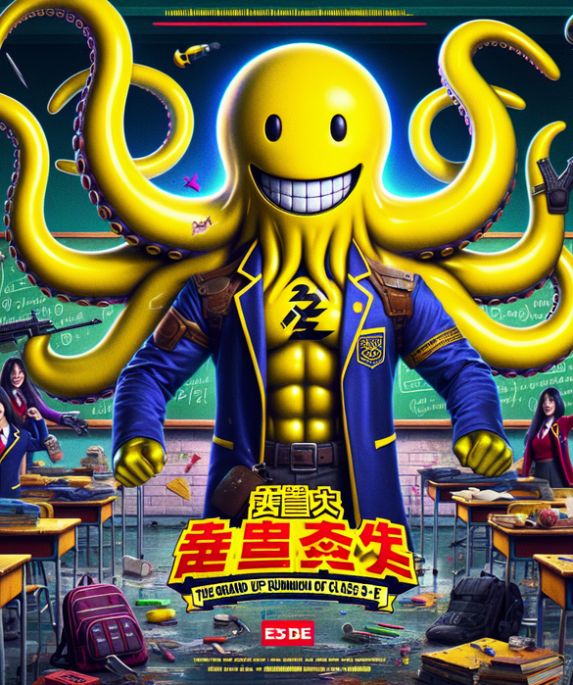 alt_text: Gurita kuning dengan senyum lebar mengajar siswa dalam suasana kelas yang menegangkan.