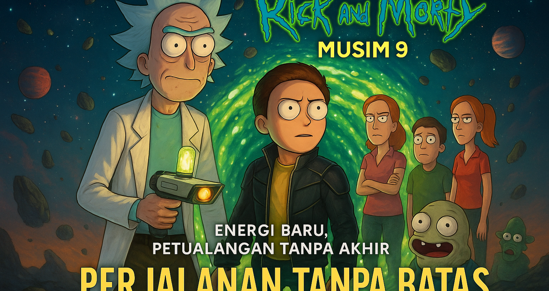 alt_text: Poster Rick and Morty Musim 9 dengan tema Era Baru yang Liar, penuh elemen futuristik.