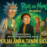 alt_text: Poster Rick and Morty Musim 9 dengan tema Era Baru yang Liar, penuh elemen futuristik.