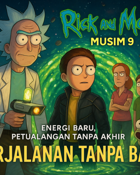 alt_text: Poster Rick and Morty Musim 9 dengan tema Era Baru yang Liar, penuh elemen futuristik.