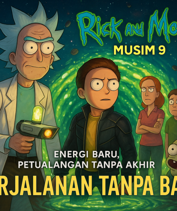alt_text: Poster Rick and Morty Musim 9 dengan tema Era Baru yang Liar, penuh elemen futuristik.
