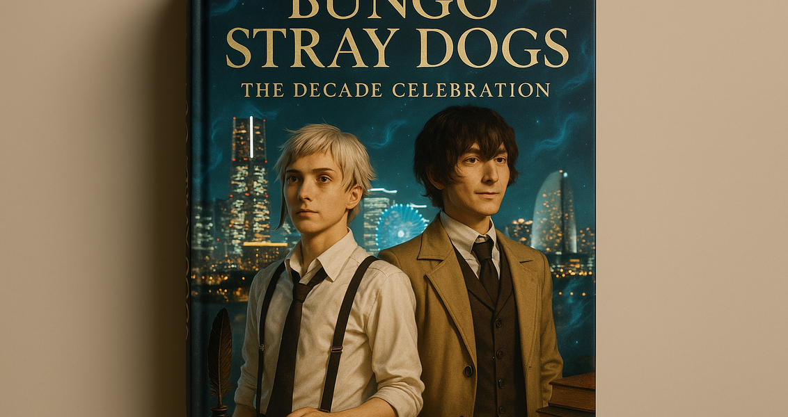 "alt_text": "Ilustrasi kolaborasi Bungo Stray Dogs dengan tema dekade penuh misteri yang abadi."