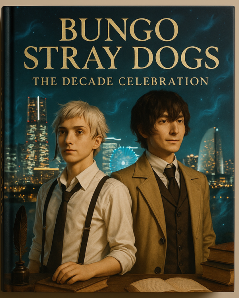 "alt_text": "Ilustrasi kolaborasi Bungo Stray Dogs dengan tema dekade penuh misteri yang abadi."